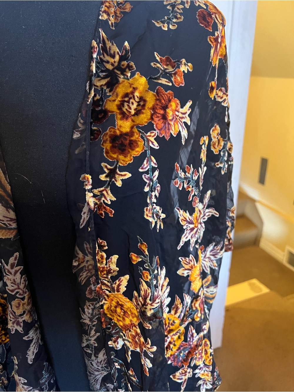 Black Floral Fringe Kimono Wrap with Mustard Accents - Picture 2 of 3